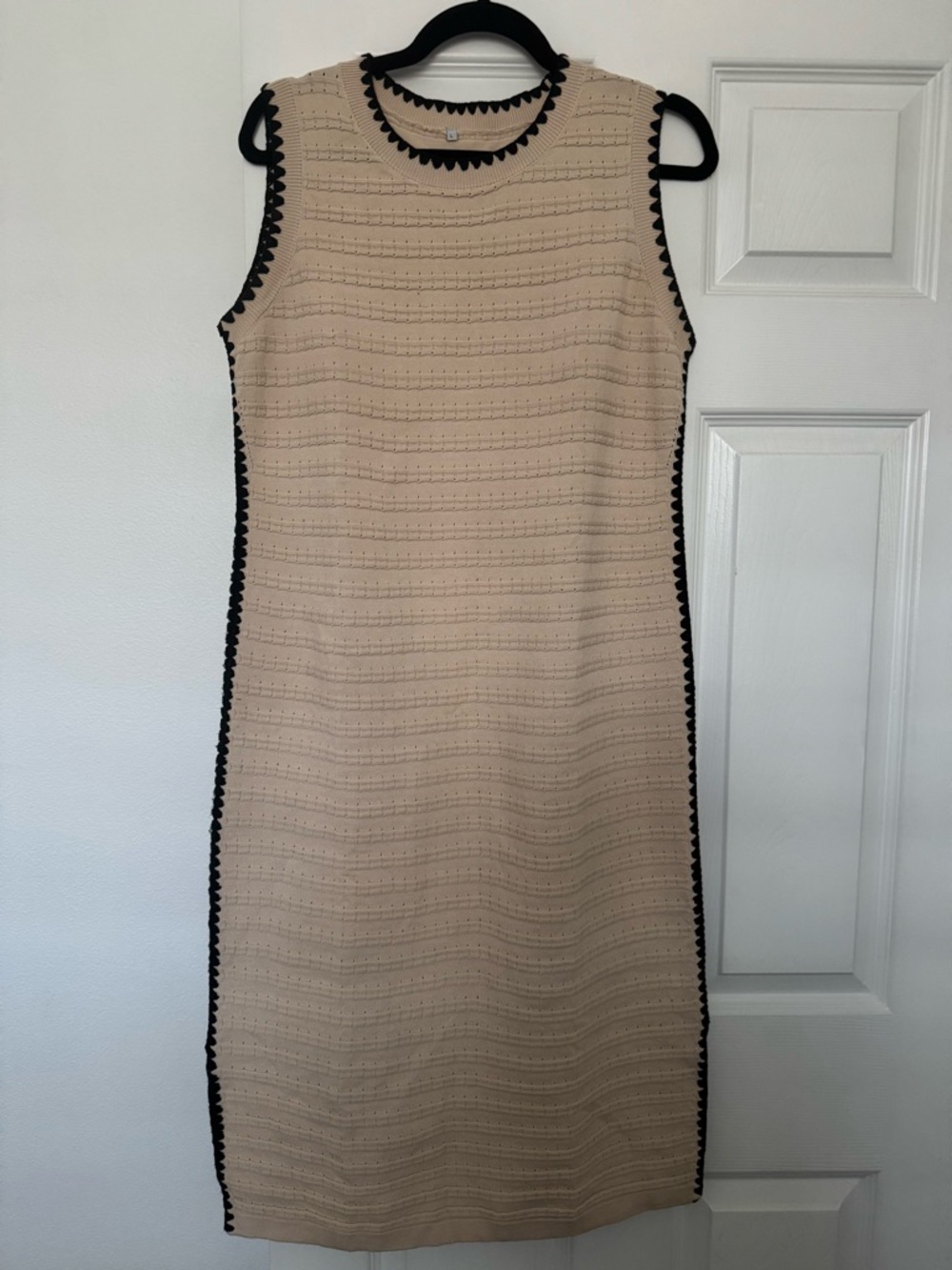 Sleeveless Beige Midi Dress with Black Trim